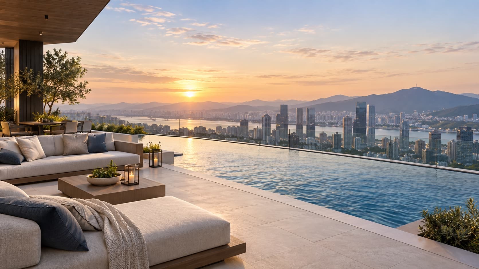 Lifestyle visualisation of a clean rooftop lounge beside a panoramic pool