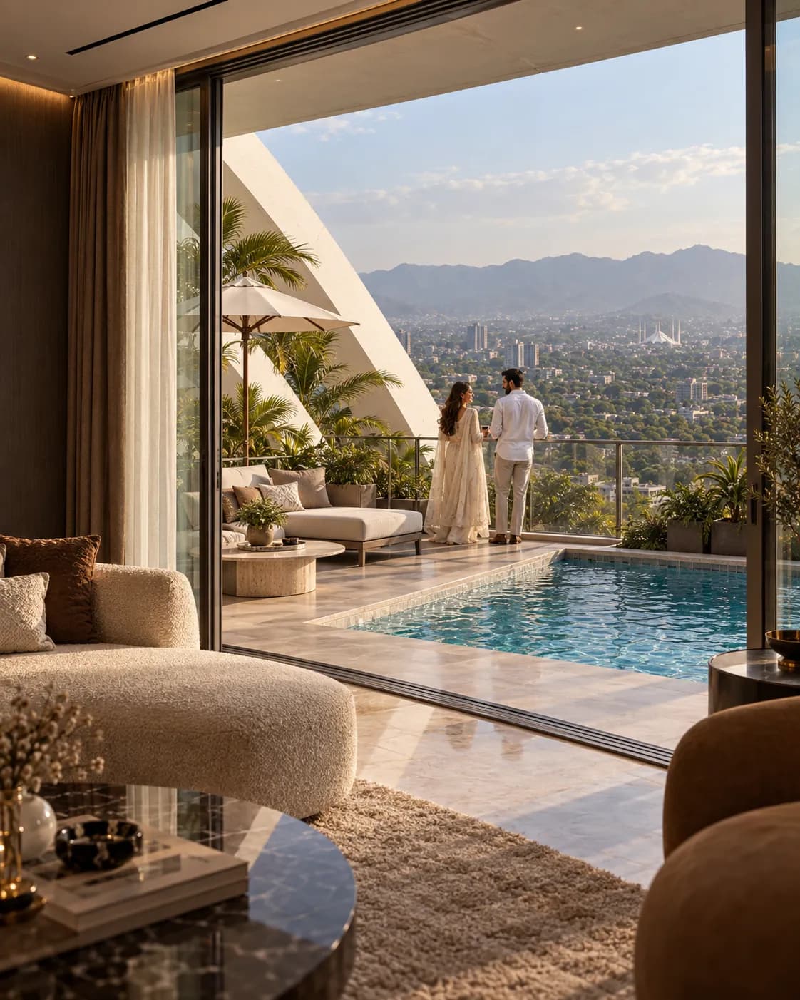 Inside a private-pool residence, looking out to its pool — Goldcrest Breeze TP07A (developer's render)