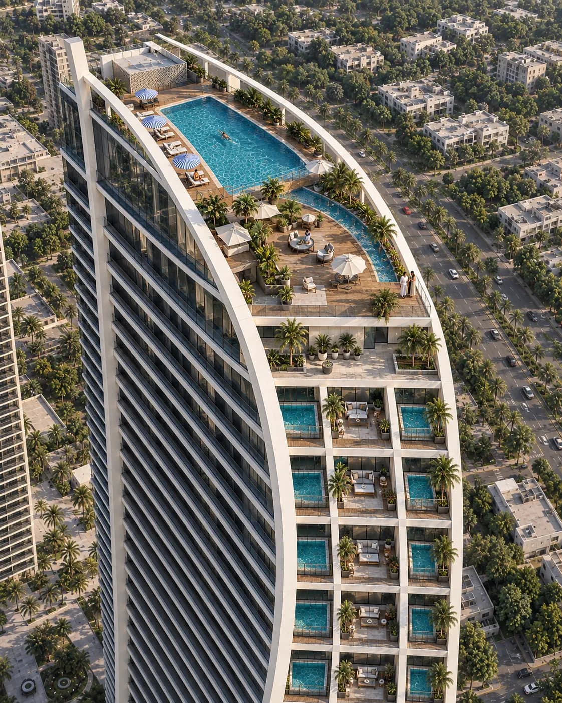 The private-pool terraces from above — Goldcrest Breeze TP07A (developer's render)