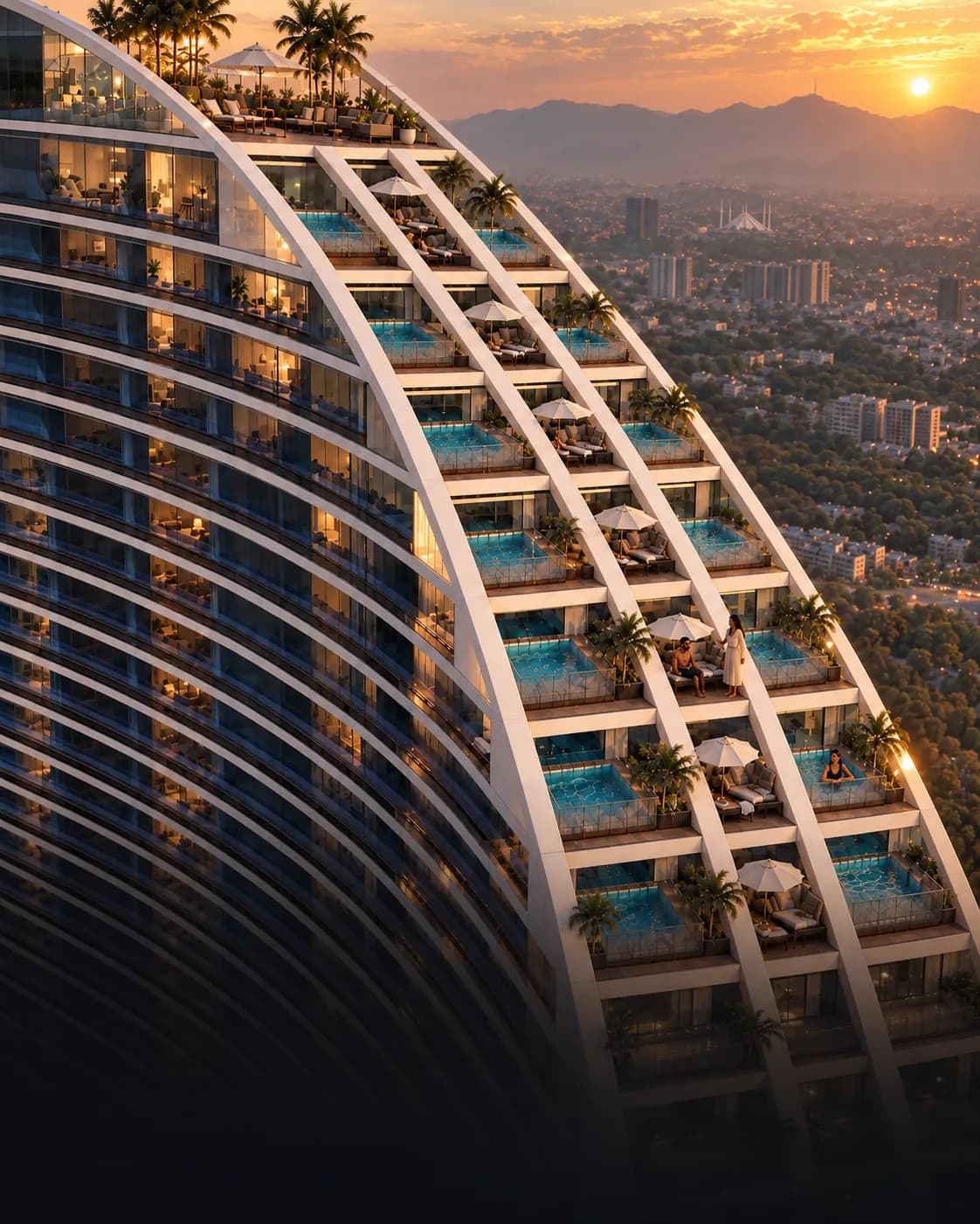 Private-pool terraces at sunset — Goldcrest Breeze TP07A (developer's render)